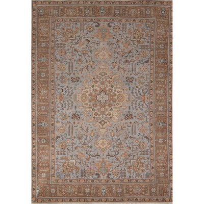 Geometric Tabriz Persian Vintage Rug Hand-Knotted Floral Wool Carpet - 6'5"x 9'8"