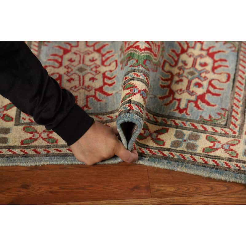 Light Blue Geometric Kazak Foyer Rug Hand-Knotted Wool Carpet - 2'0"x 3'0"