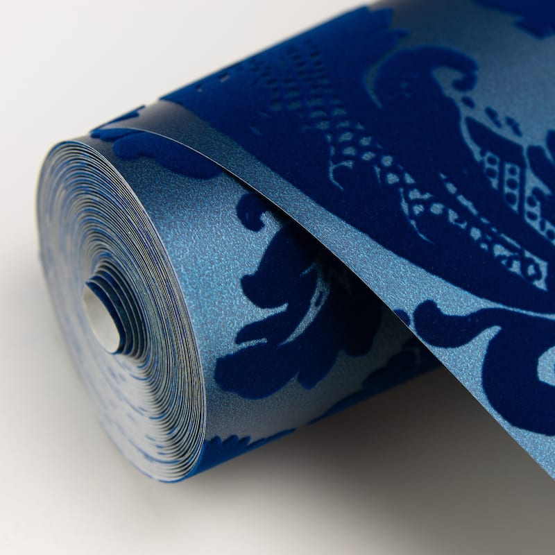 A-Street Prints Shadow Blue Flocked Damask Wallpaper