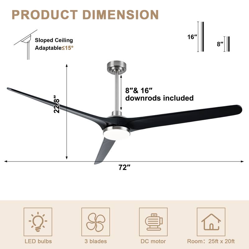 Bella Depot 72" Nickel 3-Blade Large Ceiling Fan with LED Light