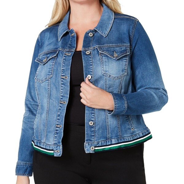 INC Women's Denim Jacket Blue Size 3X Plus Varsity Stripe Button Front