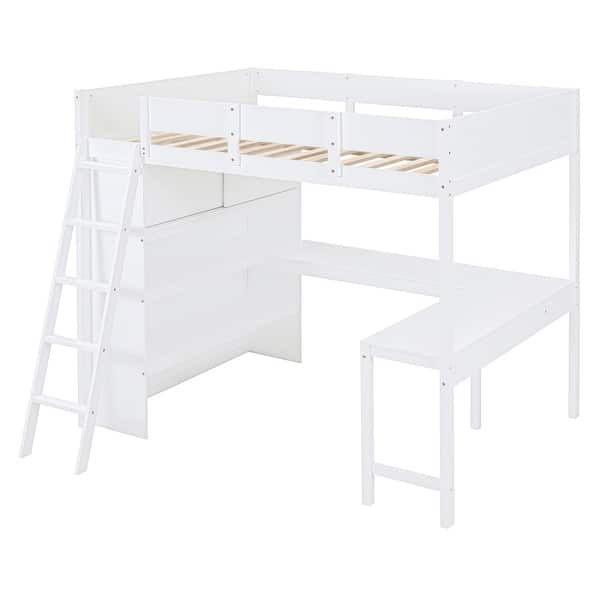 slide 2 of 13, Space-Saving Full Size Wood Loft Bed with Desk and Shelf, White White - Full