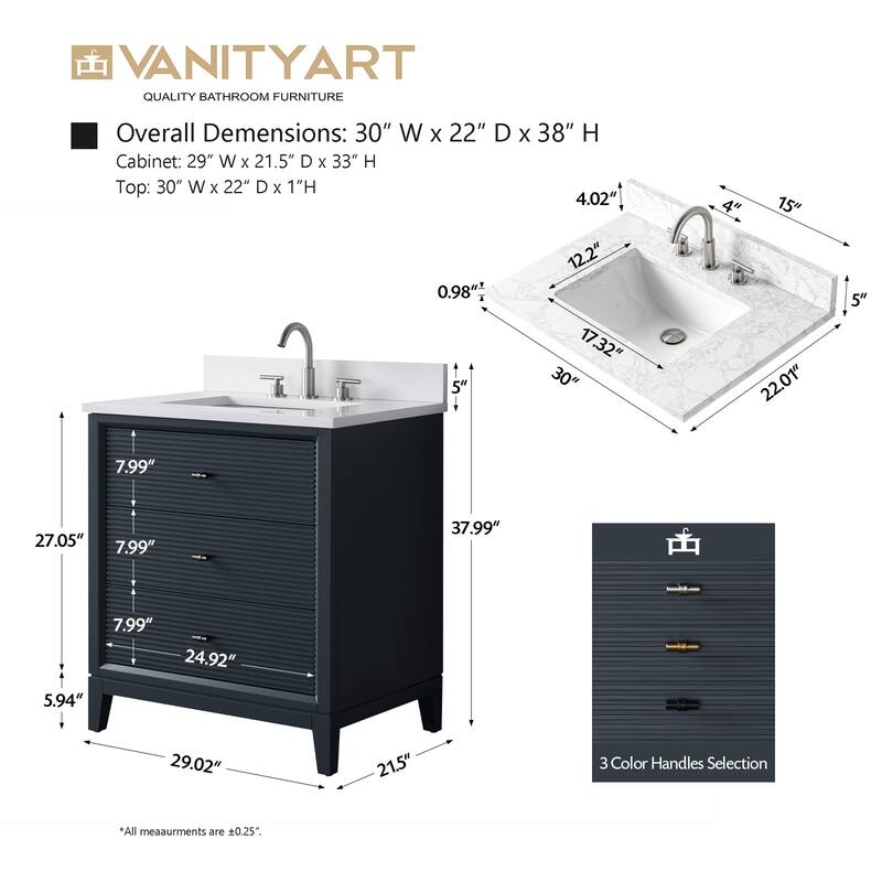 Vanity Art 30" Freestanding Bathroom Vanity with Engineered Marble Top and Sink