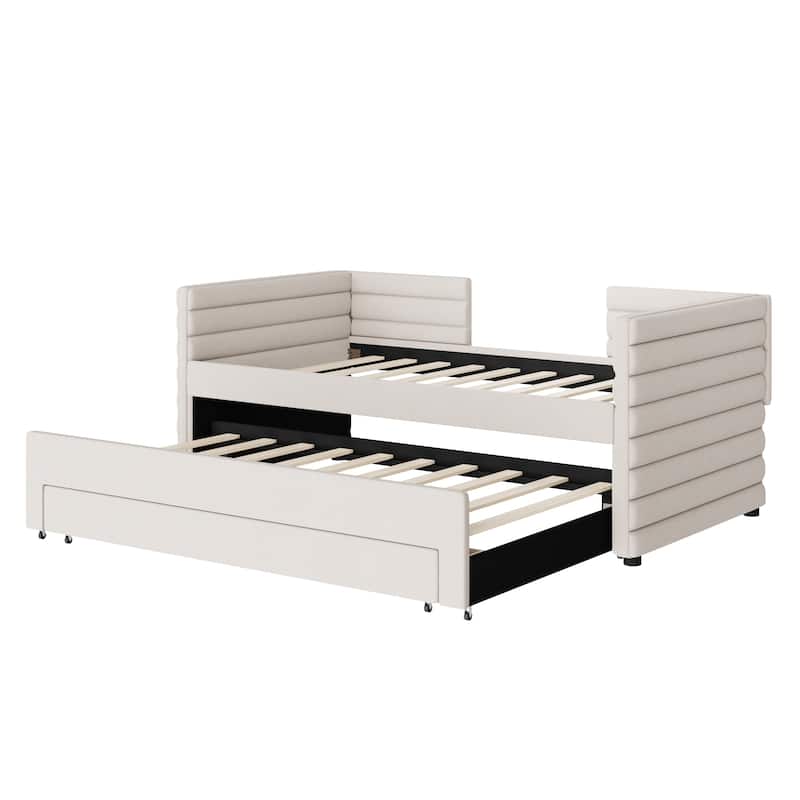 Twin Size Upholstered Daybed Short-haired Linen Fabric L-shape Sofa Bed Frame with Pull-out Trundle Bed and 3 Storage Drawers