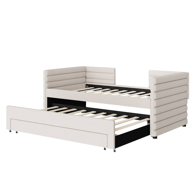 Twin Size Upholstered Daybed with Trundle and 3 Storage Drawers, Linen Fabric Sofa Bed Frame, Living Room Twin Day Bed Frame