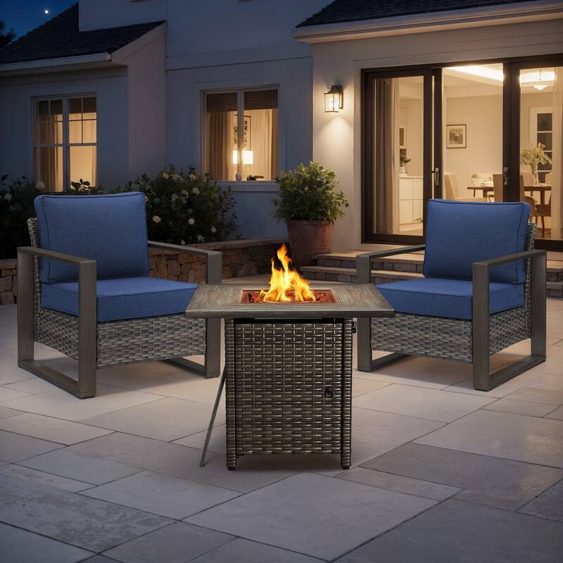 Meyreso 3-Piece Wicker Patio Conversation Set with Fire Pit & Plush 4.5" Olefin Cushions - Gray Wicker - Navy Blue Cushions