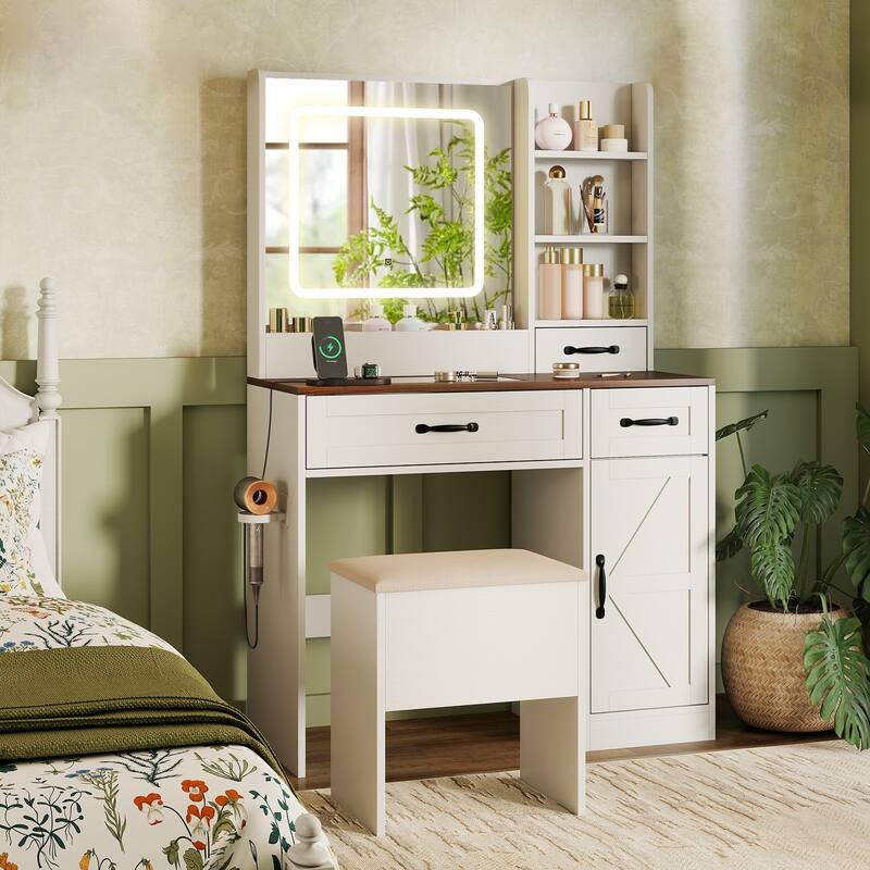 Vanity Desk and Stool Set with Lighted Mirror Built in Charging Station and Storage Drawers White Walnut - 35.5" x 16" x 55"