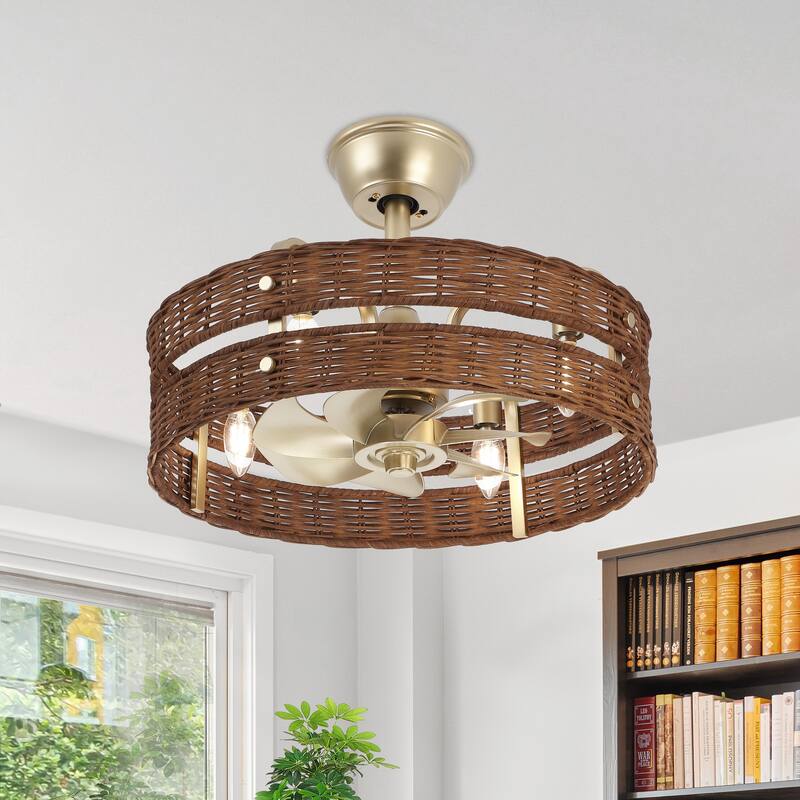 18.5" Boho Rattan Caged Ceiling Fan with Light Kit and Remote Control - Walnut
