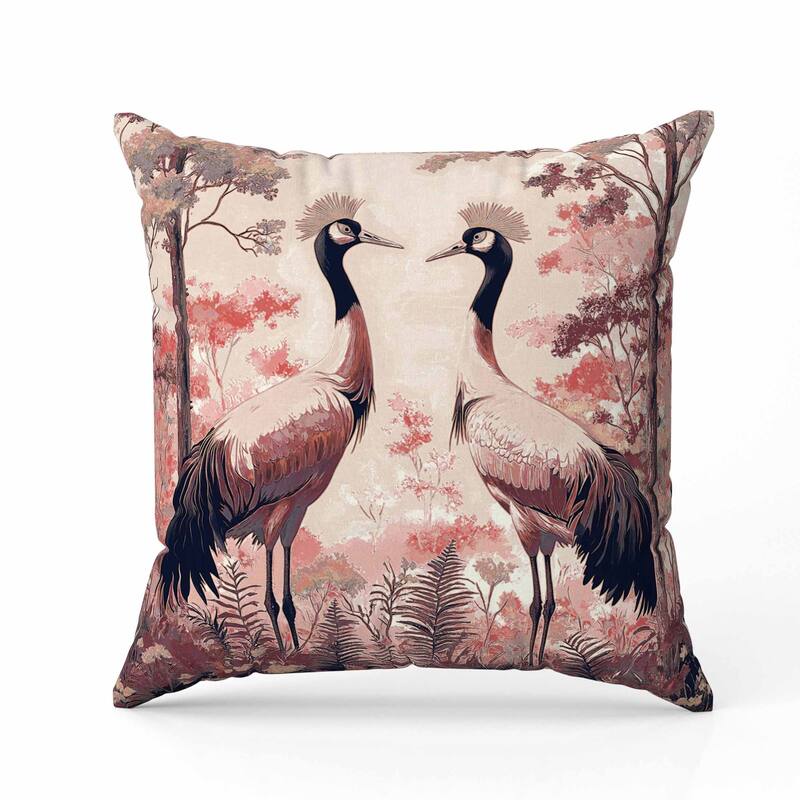 Autumnal Cranes Faux Suede Reversible Throw Pillow Pink and Black