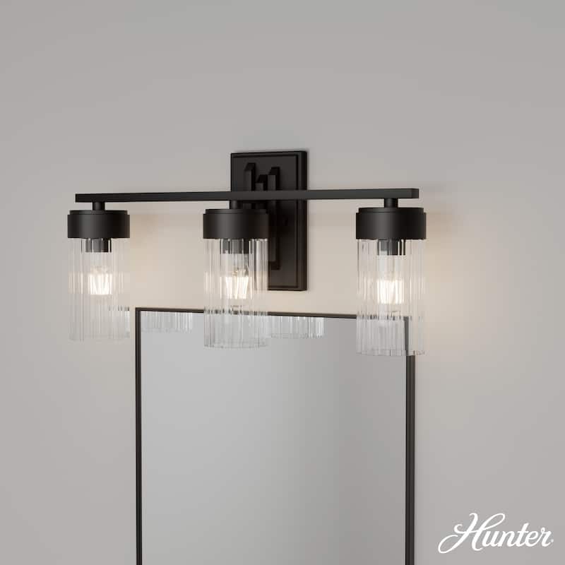 Hunter Gatz Ribbed Glass Vanity Wall Light - Bathroom - Glam, Fluted Glass - Damp Rated! - 3 Light - Matte Black