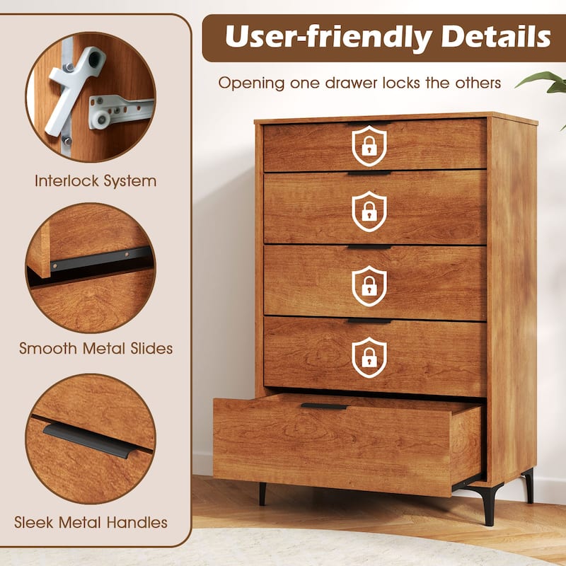 Gymax 5-Drawer Dresser w/ Interlock System Metal Support Legs &