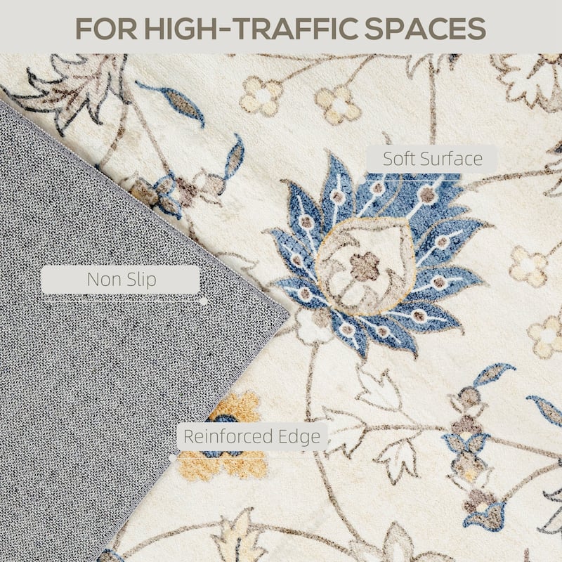 HOMCOM Area Rug 4x6, Machine Washable Rug, Non-Slip Boho Floral Print Floor Cover Foldable Carpet for Living Room - 3'6"
