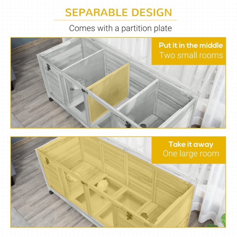 Light Grey Fir Wood Small Pet Hutch with Steel Wire and Slide-Out Tray - 54.3" L x 20.9" W x 24" H