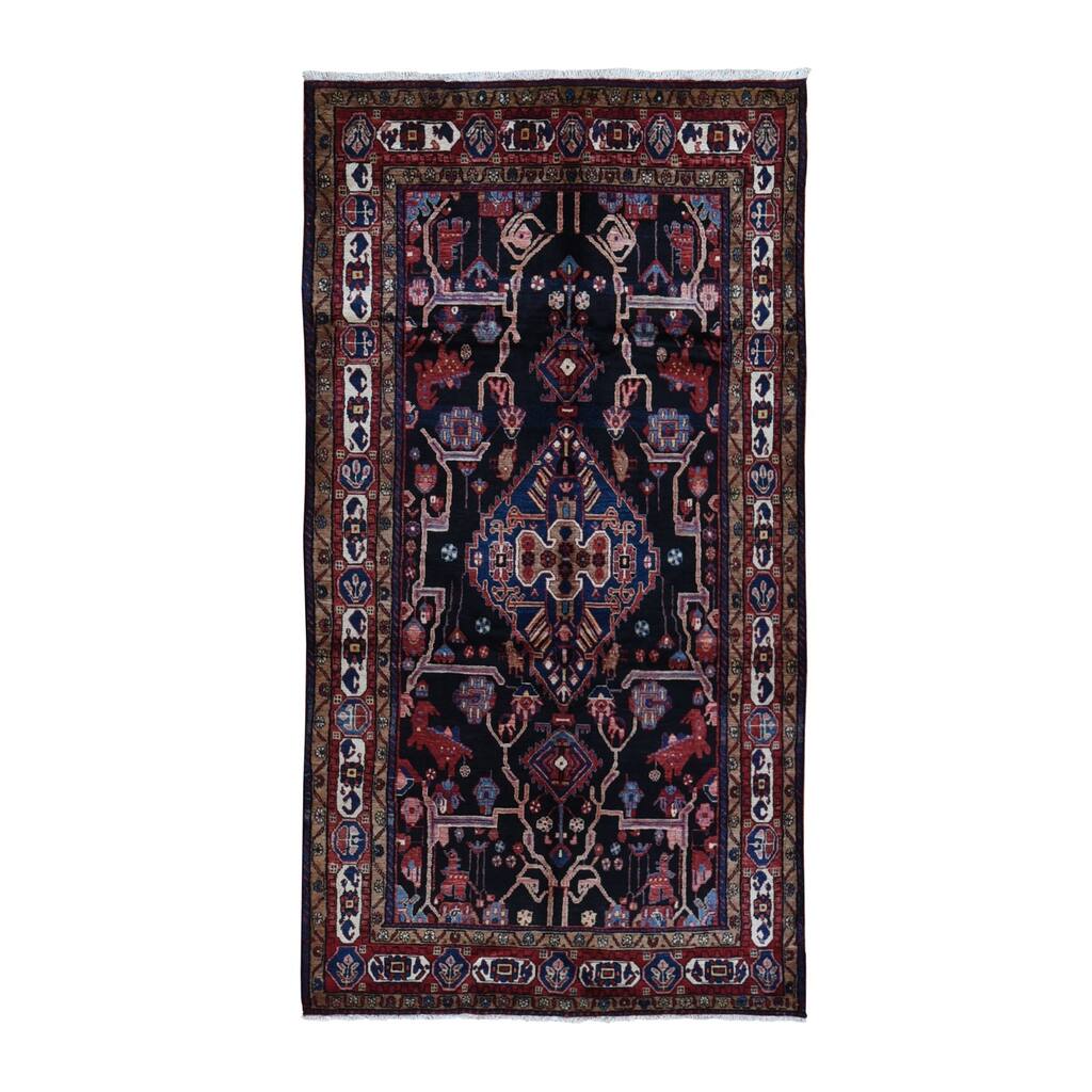 Shahbanu Rugs Black Wide and Long Vintage Persian Nahavand Full Pile Natural Wool Hand Knotted Oriental Rug (4'10" x 9'2")