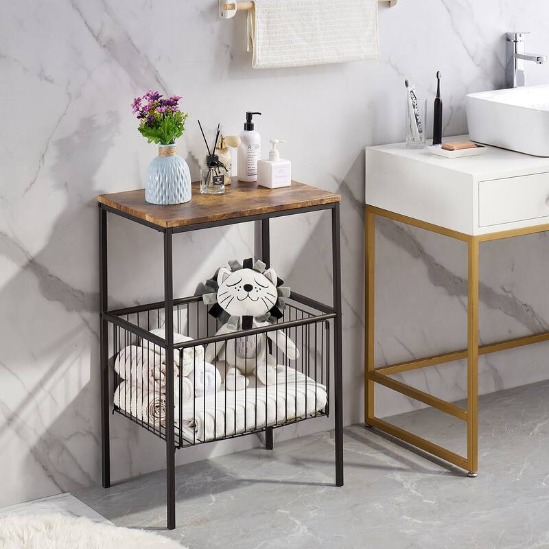 Javlergo Modern Side End Table with Storage Mesh Basket, Set of 2