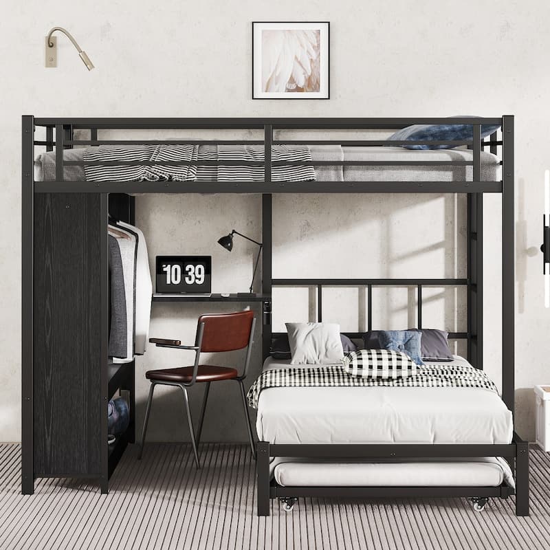 Queen Over Twin Metal Bunk Bed with Built-in Wardrobe, Trundle, Foldable Desk, and Noise-Reduced Design