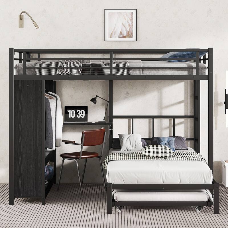 Roomfitters Twin/Full/Queen Metal Bunk Bed with Built-in Wardrobe, Trundle & Foldable Desk, Noise-Reduced Design, Black