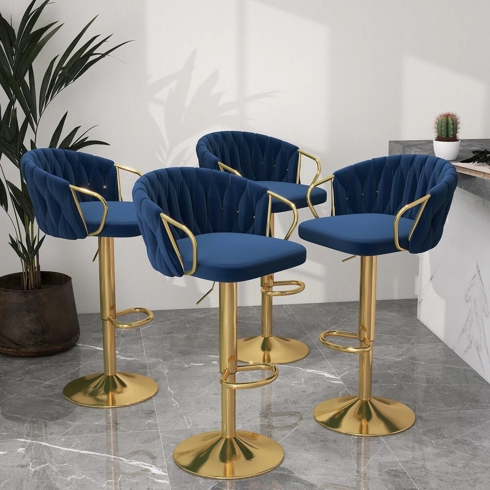 Velvet Upholstered Swivel Bar Stool with Adjustable Height