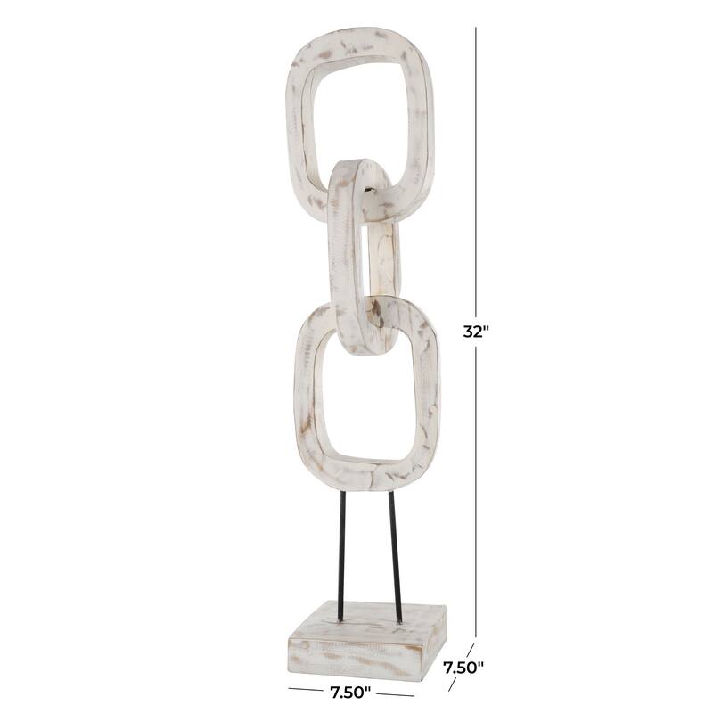 Black or Cream Teak Wood Tall 3 Link Chain Sculpture with Stand