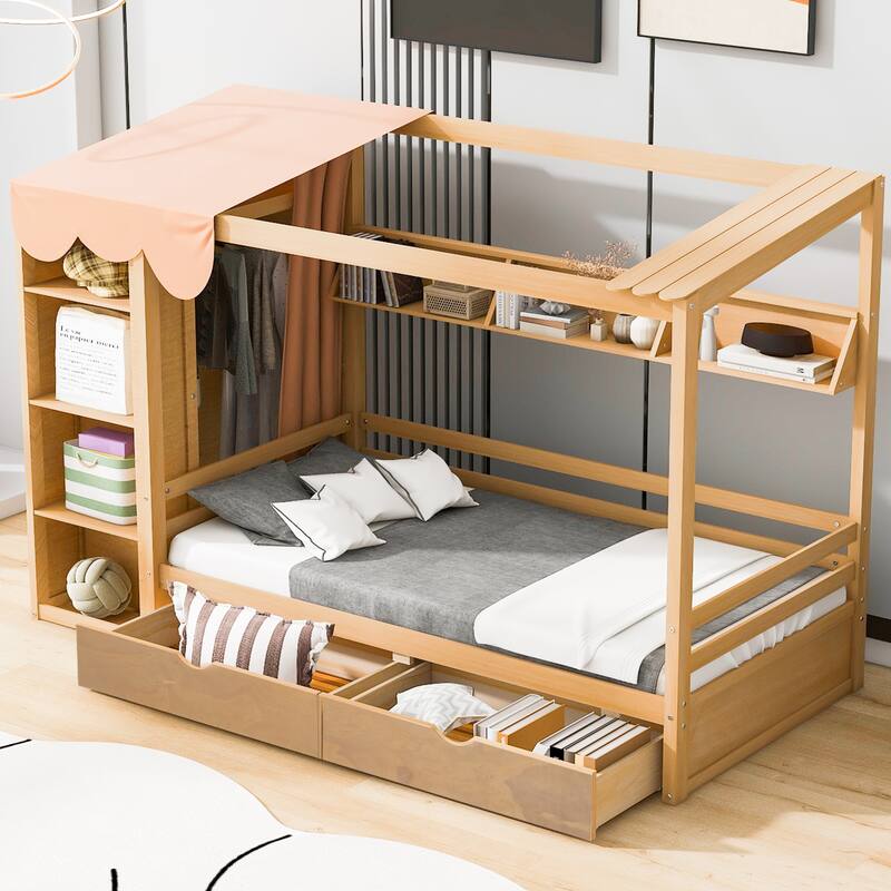 Nestfair Twin size House Bed with Two Drawers and Wardrobe