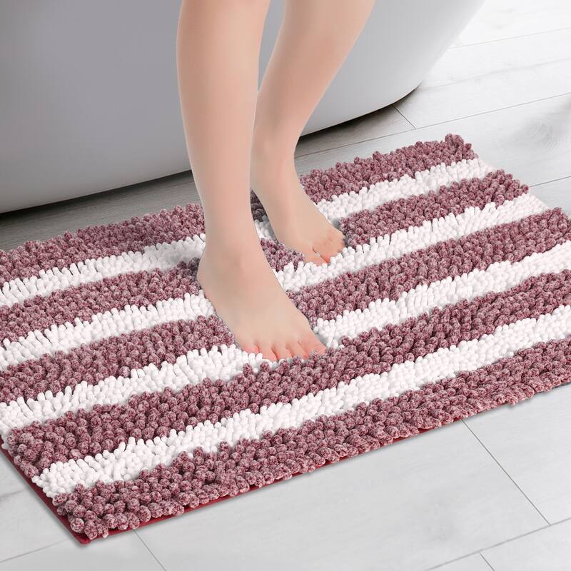Striped Absorbent Chenille Bath Rugs, Non-Slip Plush Carpet, Floor Mats for Tub, Shower, Bathroom - Red
