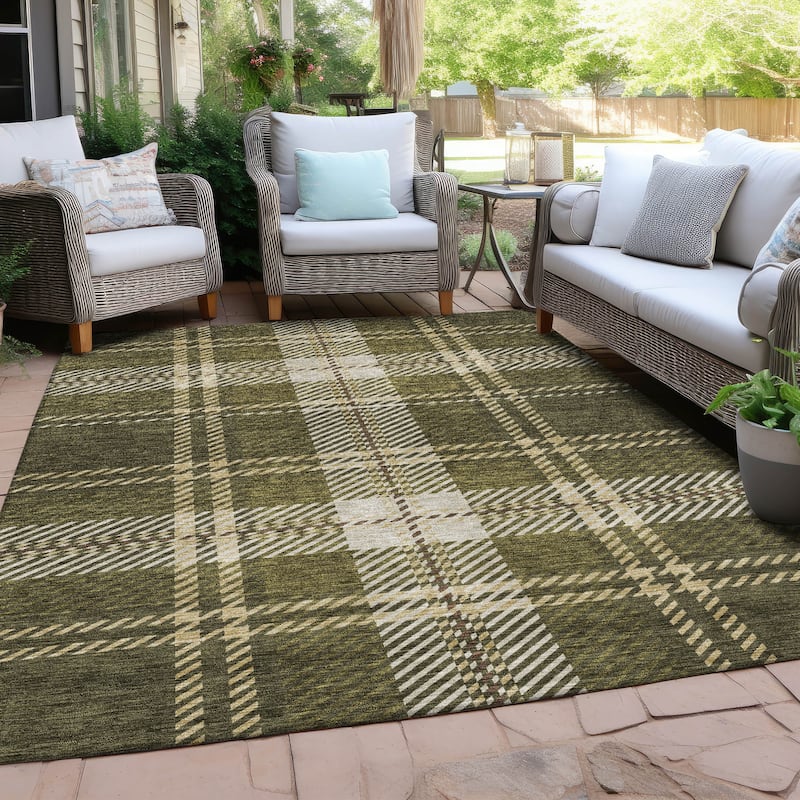 Machine Washable Indoor/ Outdoor Chantille Plaid Cozy Rug - Olive - 8' x 10'
