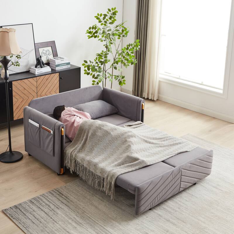 54" Velvet Pull-Out 2-Seater Sofa Bed with Adjustable Backrest & 2 Pillows
