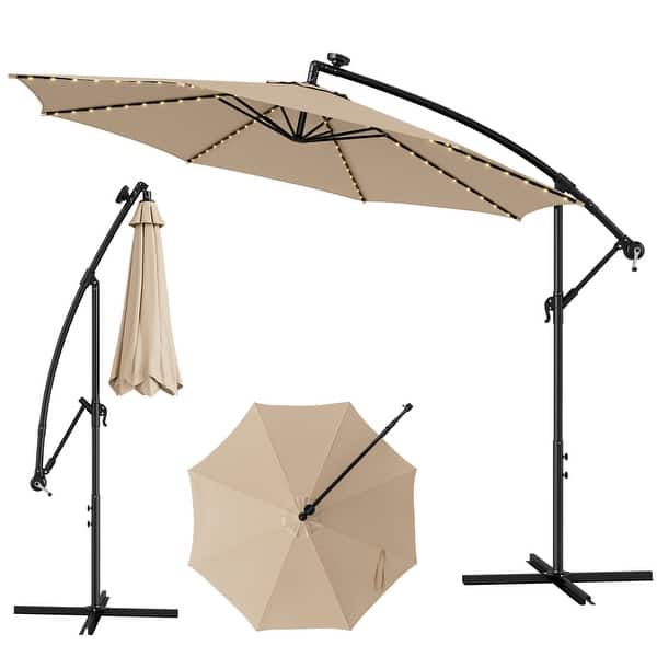 costway 10ft patio offset cantilever umbrella 10FT Solar Offset Umbrella, Patio Cantilever Umbrella with 112 LED Lights, Adjustable Crank Handle & Tilt, Outdoor Market Umbrella for Poolside Wine