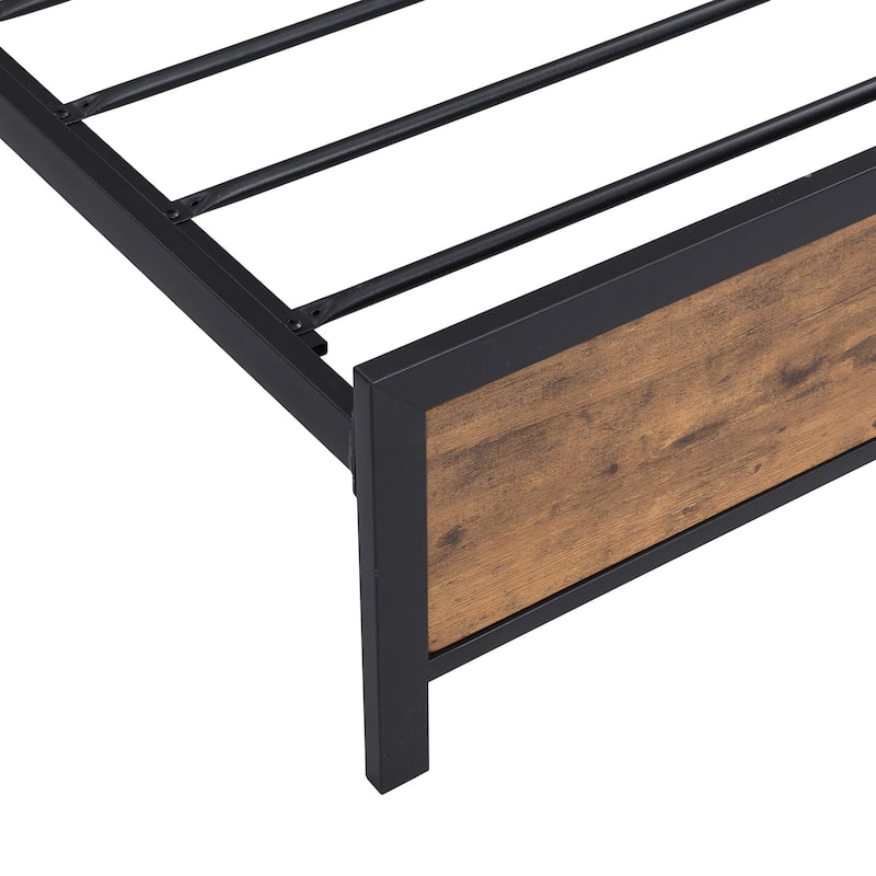 Noise Free Metal/Wood Platform Bed Frame with 2 USB Ports, Modern Industrial LED Lights Headboard Bed Frame with Shelf