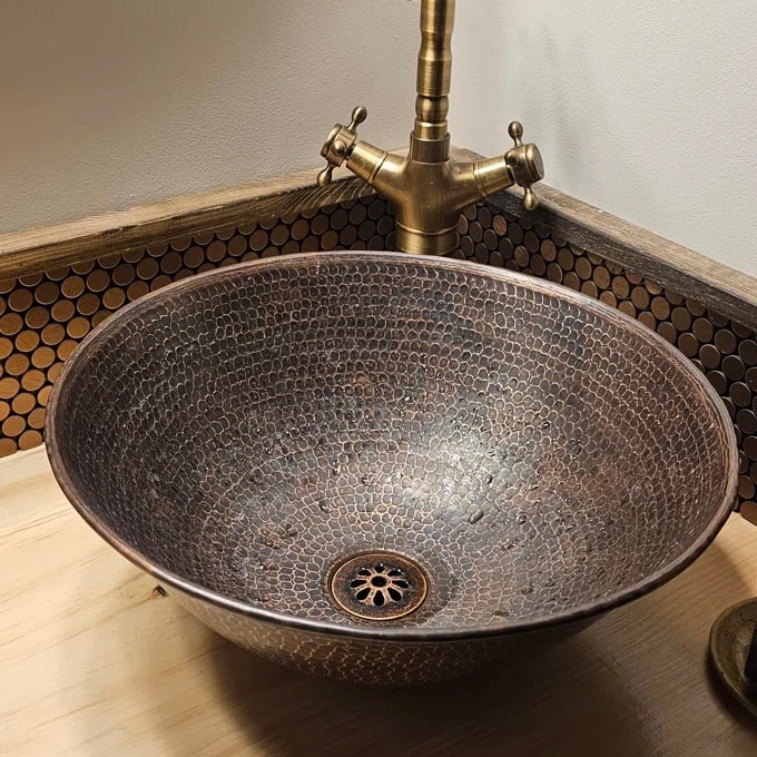 14" Round Copper Vessel Bathroom Sink in Brushed Sedona by SimplyCopper - 14" X 5.5"