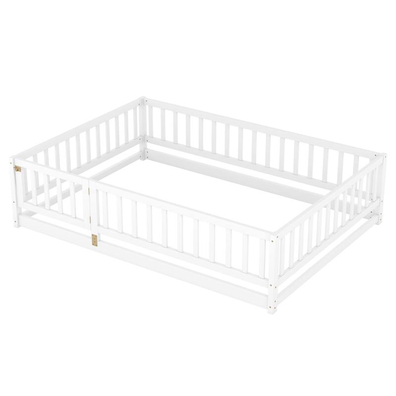 Full Size Montessori Floor Bed with Fence and Door, Kids Wood Bed Frame, Natural Pine Wood Floor Bed