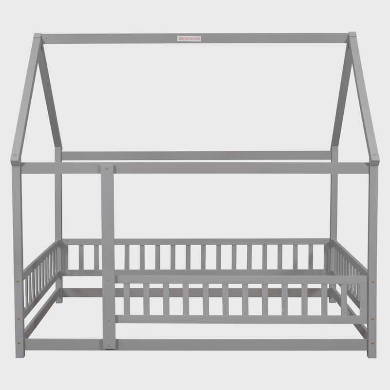 Full Size Floor Wooden Bed with House Roof Frame