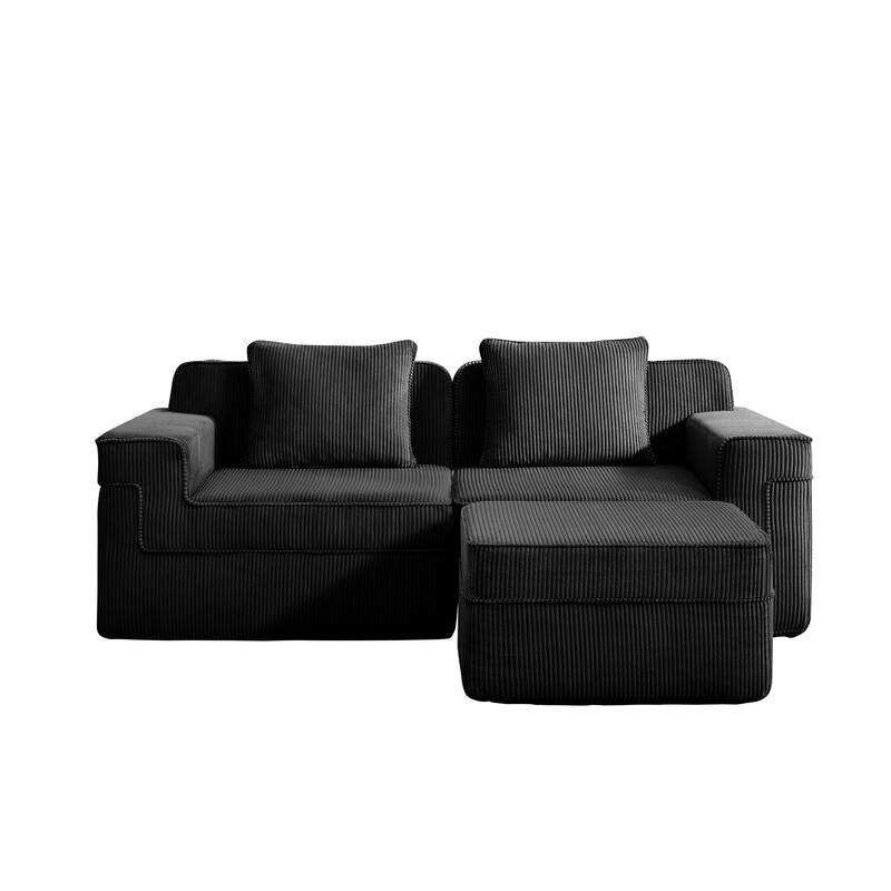GDFStudio - Corduroy Modular 2-Seater 81.1" L-Shaped Cloud Sectional Loveseat Sofa with Ottoman