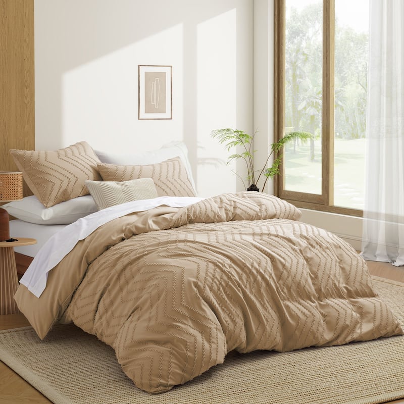 Tufted Clipped Jacquard Geometric Oversized Duvet Cover & Pillowcase Set - Wave/Fawn - Twin