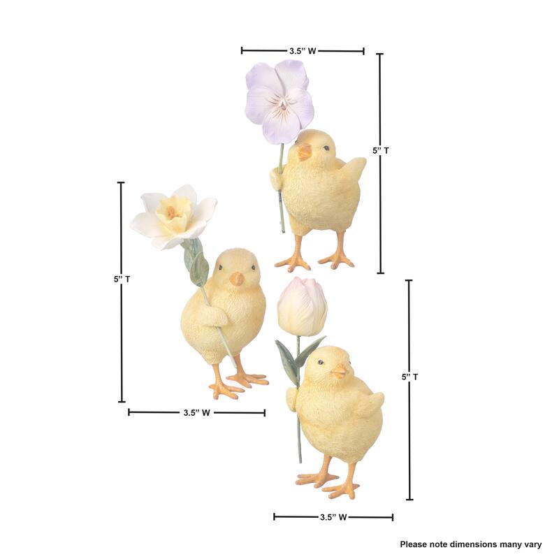 Resin And Metal Chick With Flower 5" Set of 3