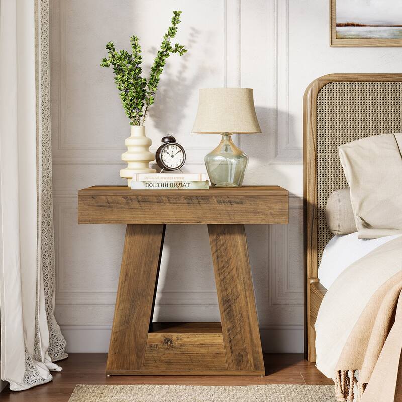 23.62" 2-Tier Modern Nightstand with Trapezoid Base - Dark Brown-1 Pack