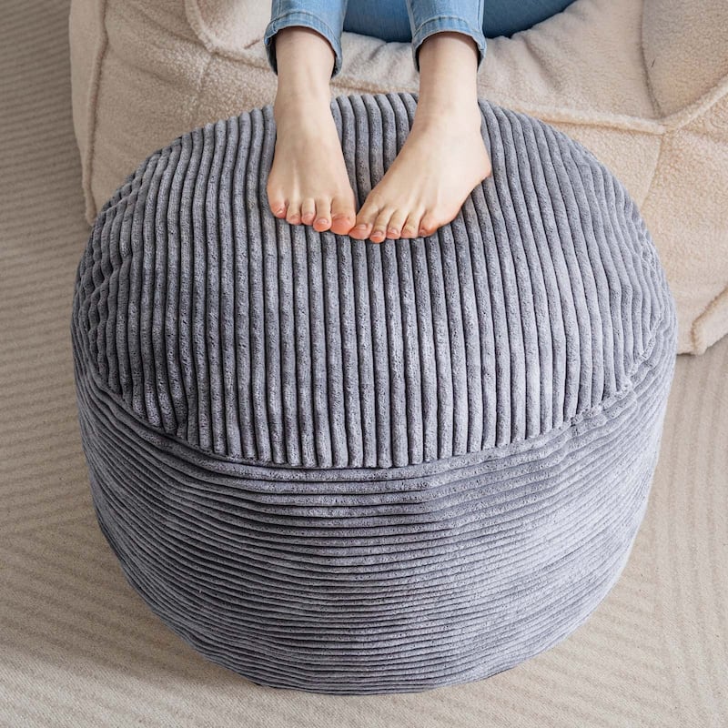 Round Corduroy Pouf Ottoman 20-inch/26inch - 20"D x 20"W x 15"H - Grey