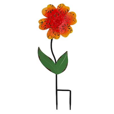 Daisy Flower Metal Yard Stake - 25.5" - Orange and Green