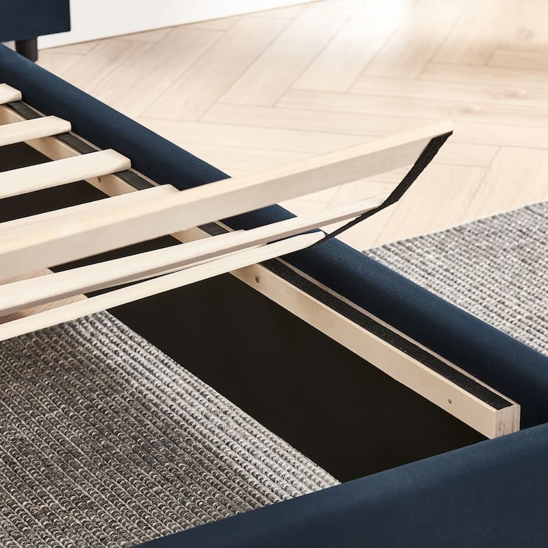 King Upholstered Wingback Platform Bed Frame with Vertical Stripe Enlarged Headboard, Adjustable Lamps & Integrated Nightstand