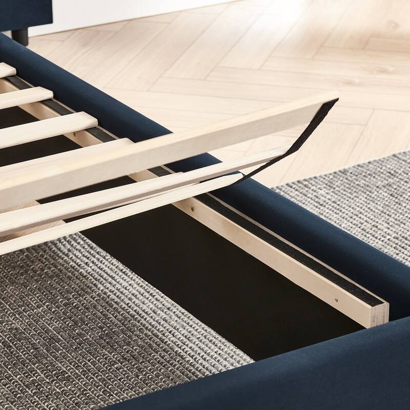 Upholstered Bed, Vertical Stripe Buttons Design Wingback Bed Frame, Velvet Fabric Platform Bed with Bedside Table