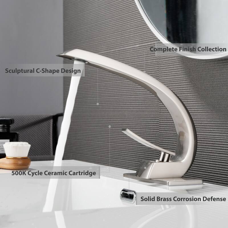 Modland C-Shaped Single Hole Bathroom Faucet, 500K Cycle CUPC Certified, 6-Inch Cover Plate, Black / Gold / Nickel / Chrome