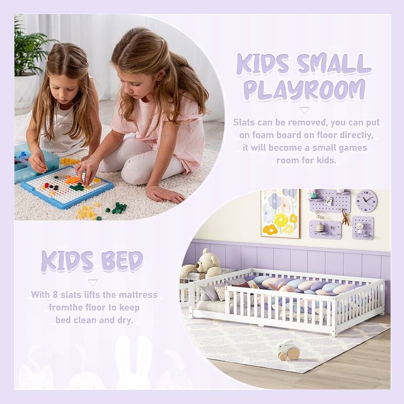 Wood Low Floor Bed Frame with Fence Guardrails,Platform Bed for Kids