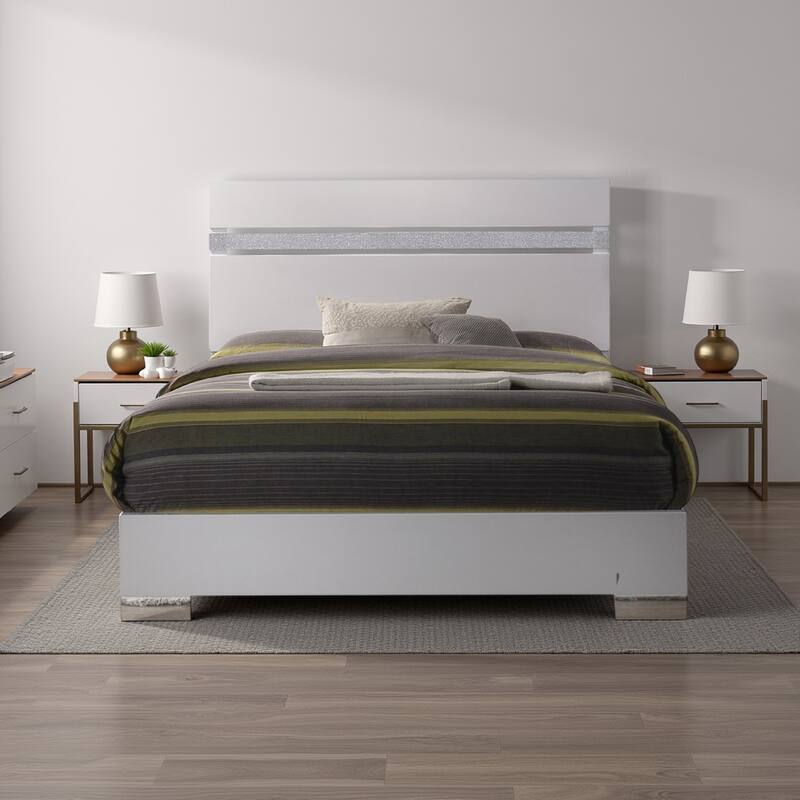 Wooden queen size bed with block legs and Crystal Accented Headboard, White