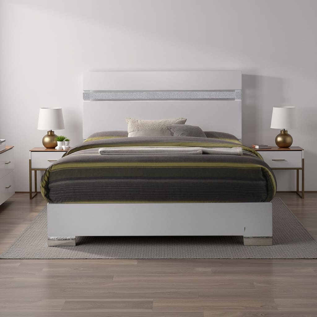 Wooden queen size bed with block legs and Crystal Accented Headboard, White