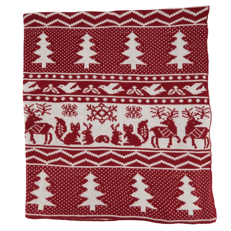 Knit Throw With Christmas Tree and Reindeer Design