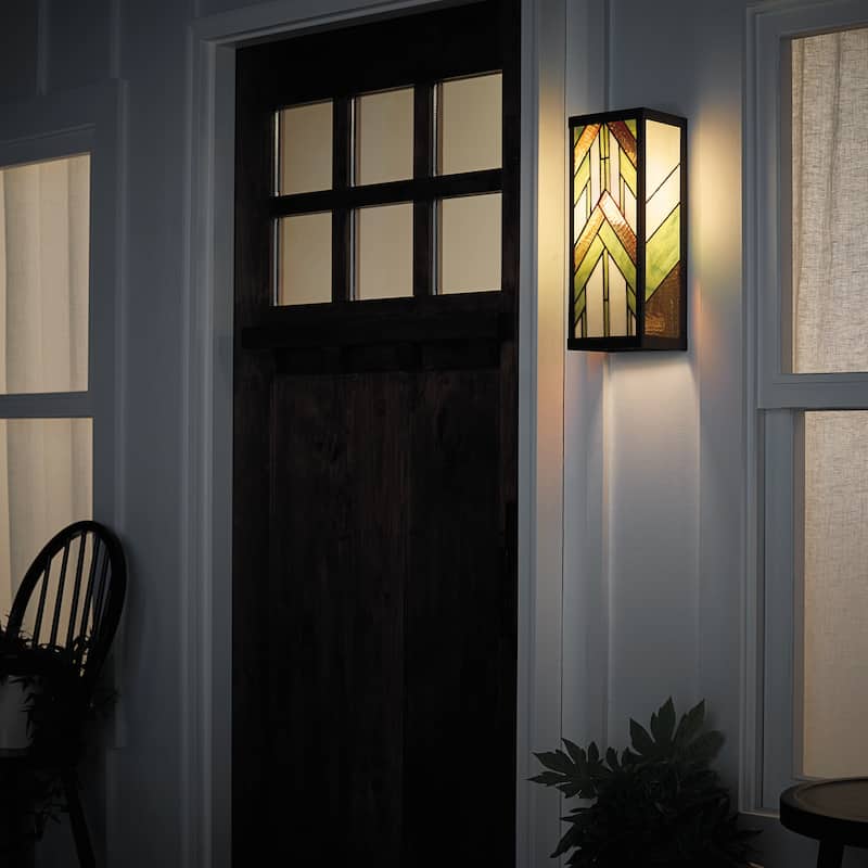 River of Goods Green Stained Glass and Black Satin Rectangular 1-Light Outdoor Wall Sconce - 6.25" x 5.5" x 16.25"