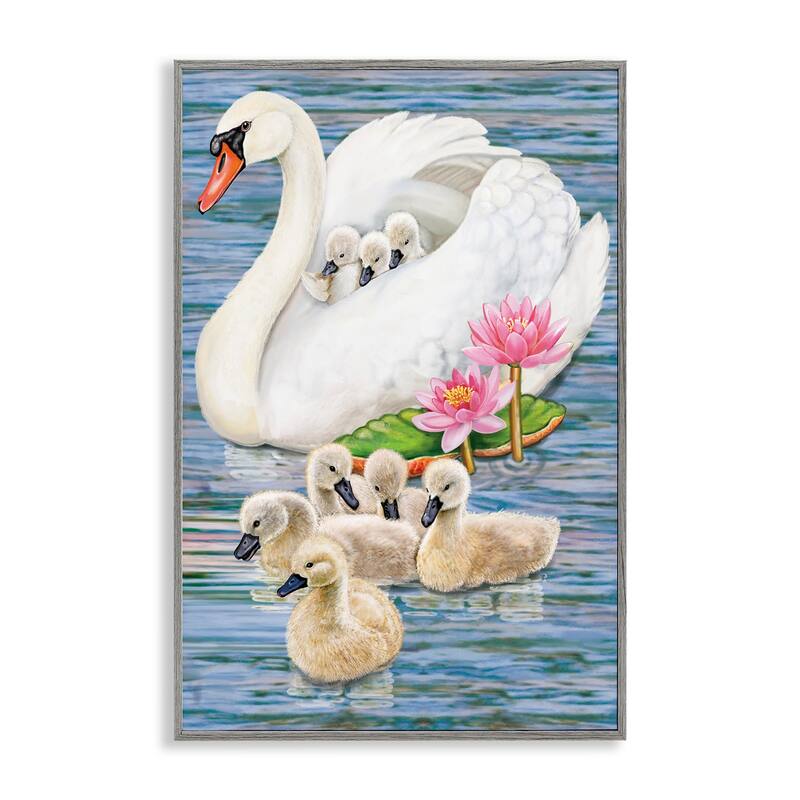Stupell Swan Family & Lotus Flowers Framed Giclee Art Design By Rosiland Solomon - 12 x 18 - Grey