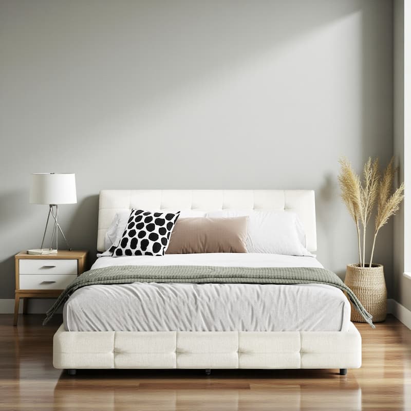 Queen/King Size Upholstered Bed with Oversized Cloud Tufted Headboard, Chenille Platform Bed Frame with Metal & Wood Slats - Beige - Queen
