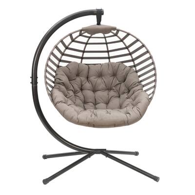 66 H x 40 W x 43 D Outdoor Beige Modern Hanging Ball Chair with Cushion and C Type Bracket