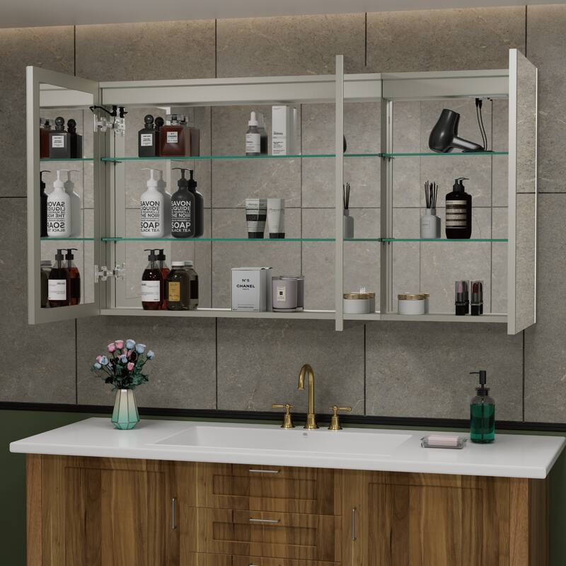 Chloe LED Medicine Cabinet with Mirror, Dimmable, Anti-fog, Adjustable Glass Shelves, Recessed or Surface Mount